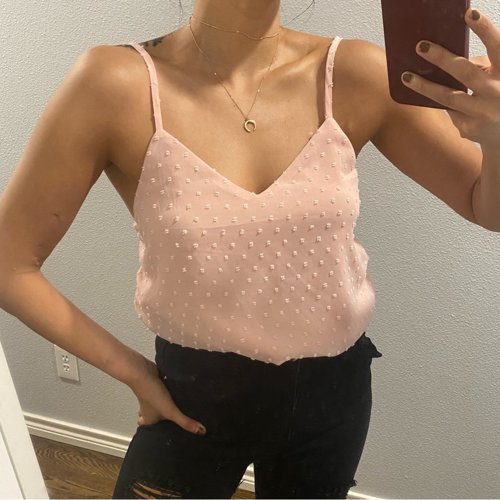 Small /4 Swiss Dot Cami Top baby Pink V neck tank top spaghetti strap